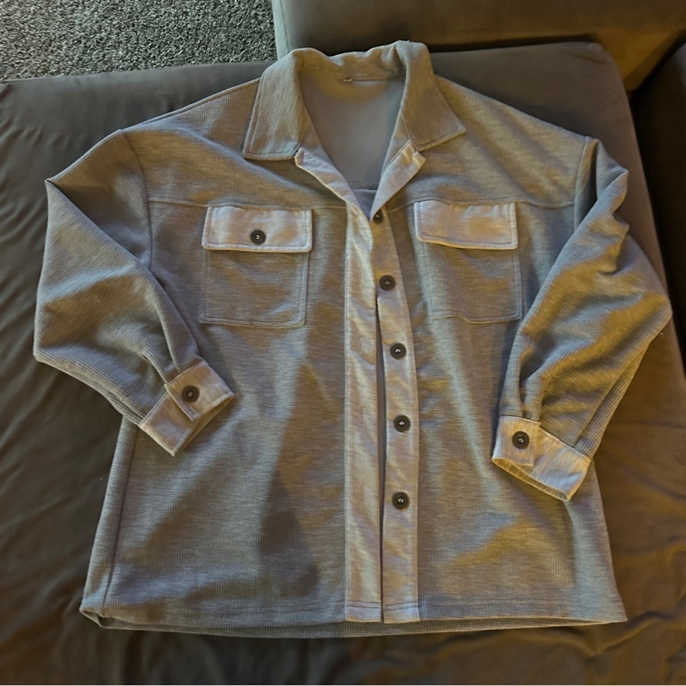 Casual Unisex Button Up Grey Medium Coat Layering LongSleeve Collared Two Toned